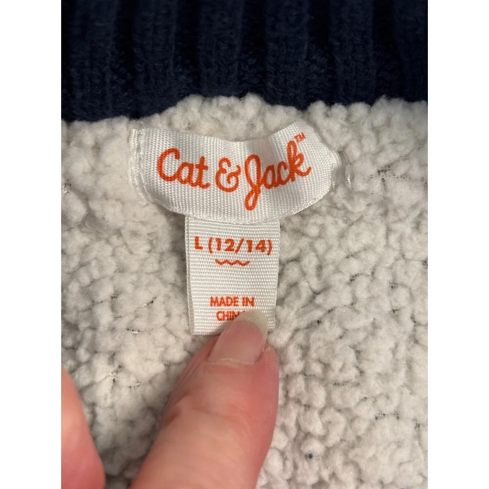 Cat & Jack Boys Navy Blue Cable Knit Sherpa Lined Quarter Zip Sweater Vest 12/14